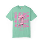 Mint t-shirt with pink text "HER LAST RODEO" and cowboy boot graphic.
