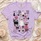 Purple t-shirt with "Mother of the Bride" graphics including a bear, wedding dress, and spooky elements.