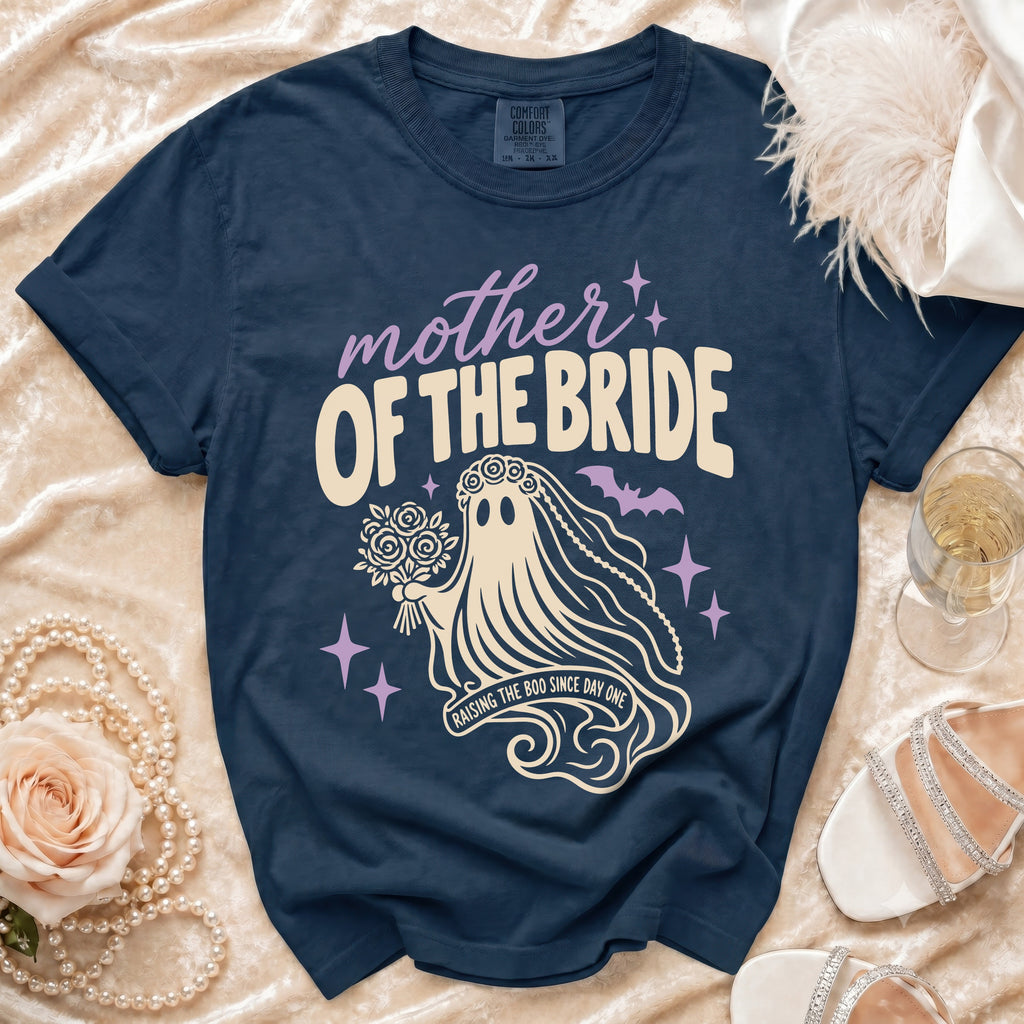 Navy t-shirt with "Mother of the Bride" text and a ghost bride graphic.