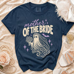 Navy t-shirt with "Mother of the Bride" text and a ghost bride graphic.
