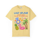 Yellow t-shirt with "LAST SPLASH SARAH'S BACH MALIBU, CA SUMMER 2026" and tropical graphics.