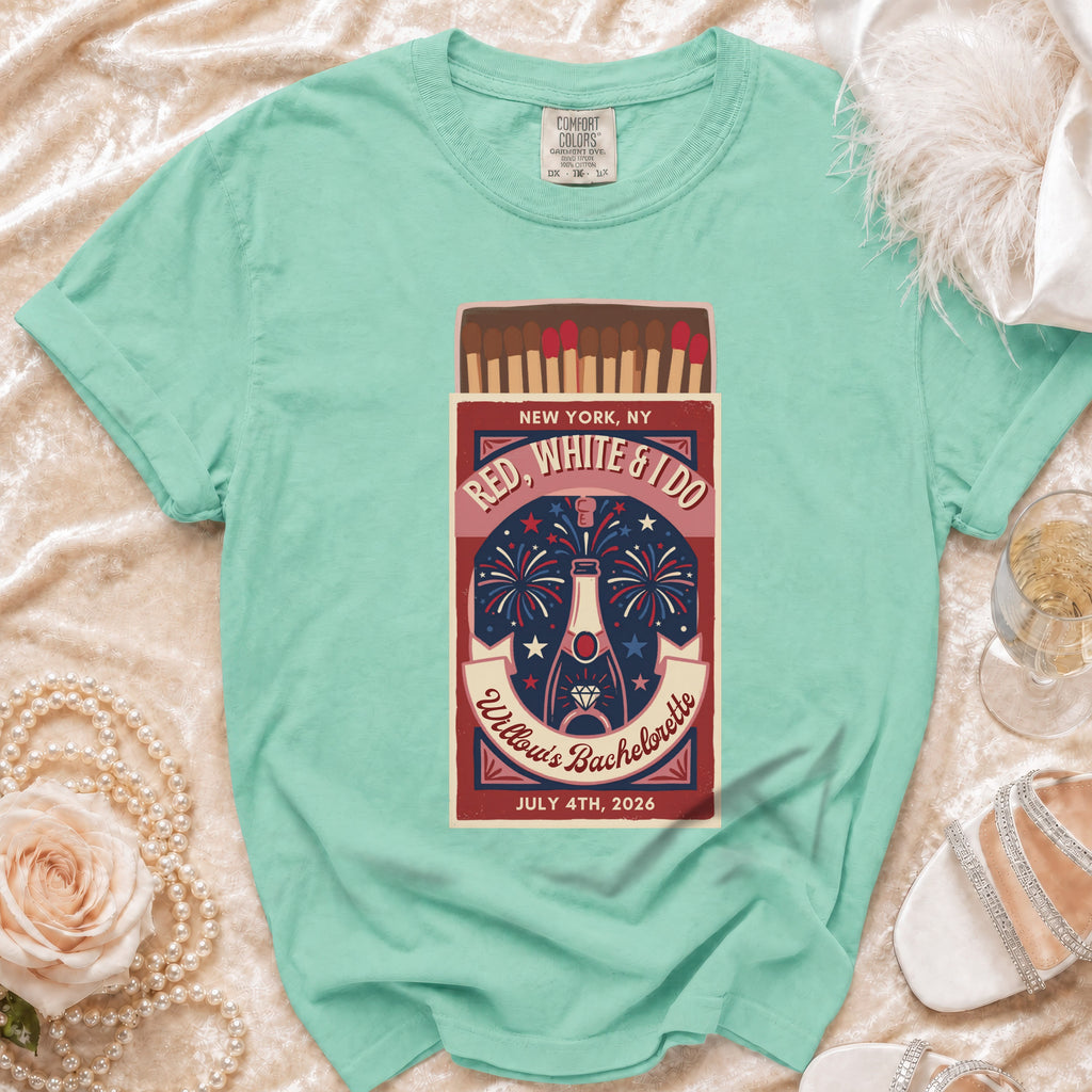 Mint green t-shirt with "Red, White & I Do" fireworks design.