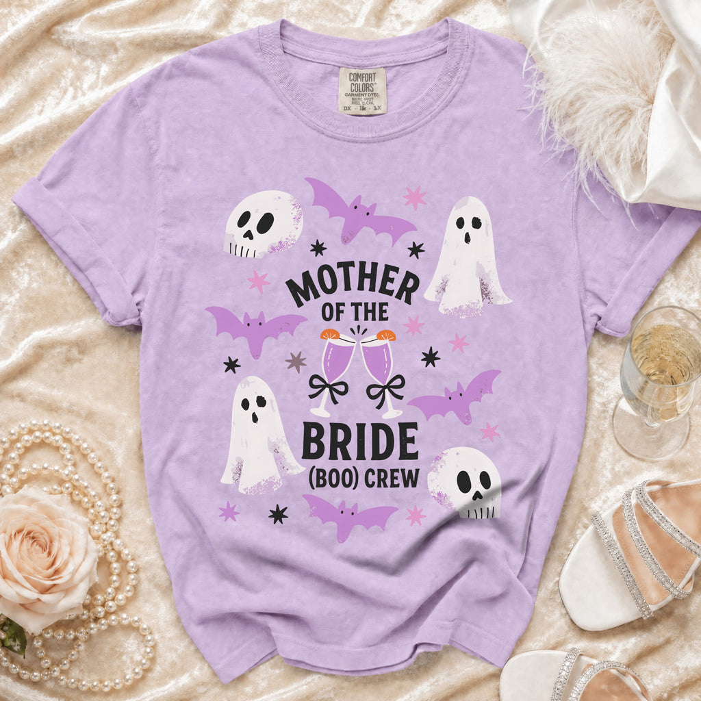 Purple t-shirt with "Mother of the Bride (Boo) Crew" Halloween ghost design.
