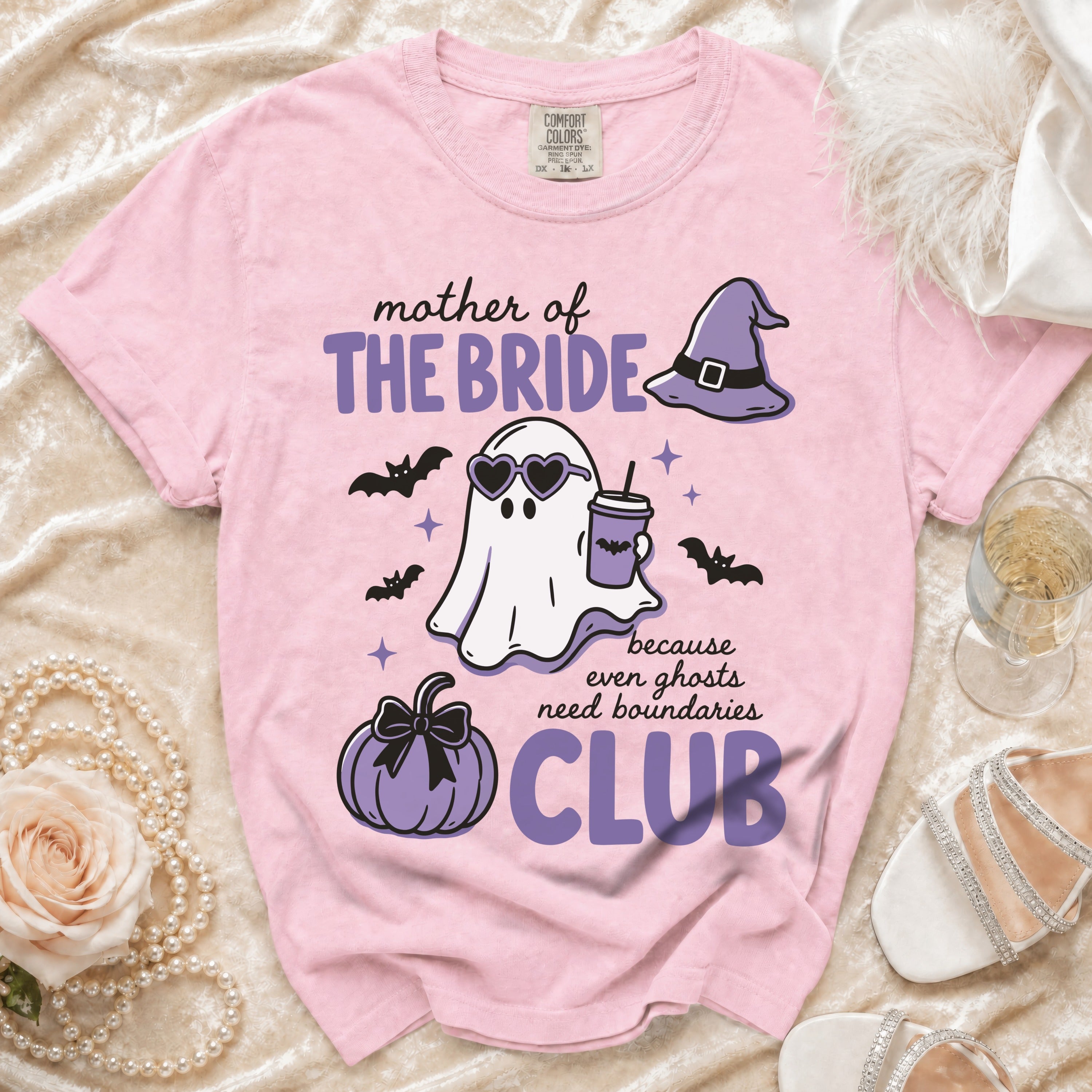 Pink t-shirt with "Mother of The Bride Club" and ghost graphic.