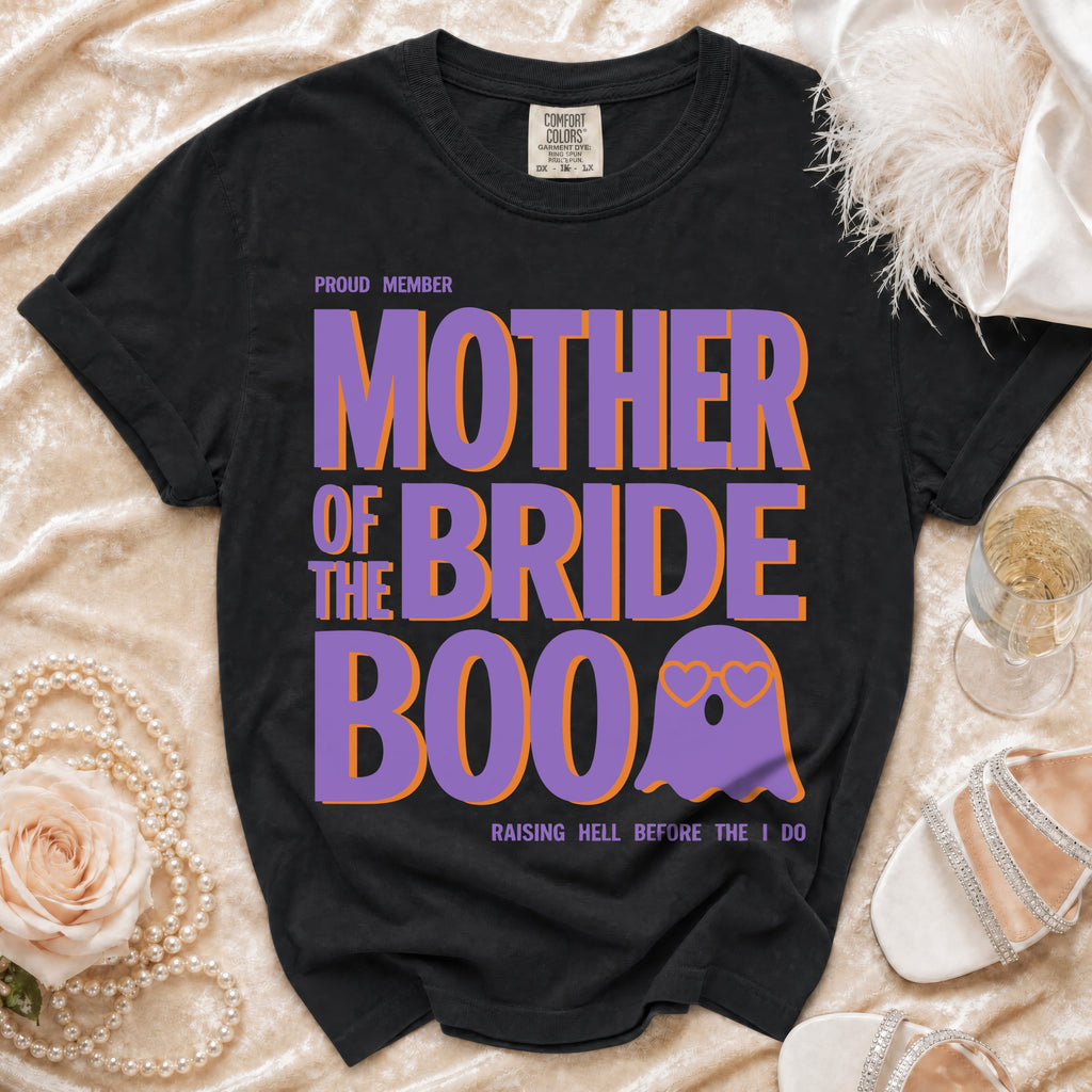 Black t-shirt with "Proud Member Mother of the Bride Boo" and ghost graphic.