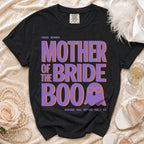 Black t-shirt with "Proud Member Mother of the Bride Boo" and ghost graphic.
