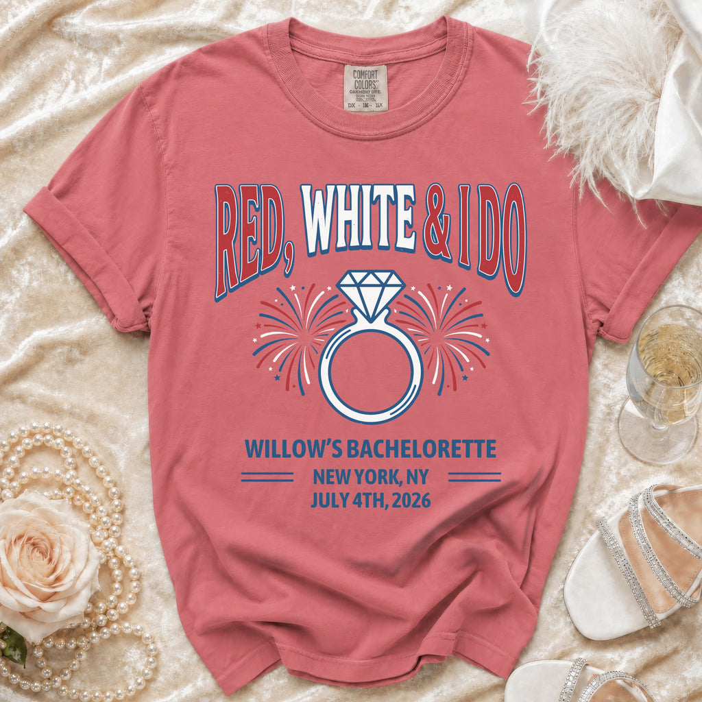 Red, White & I Do bachelorette t-shirt with fireworks and ring graphic.