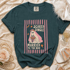 Teal t-shirt with ghost bride graphic reading "Scared Single Married to the Boo."
