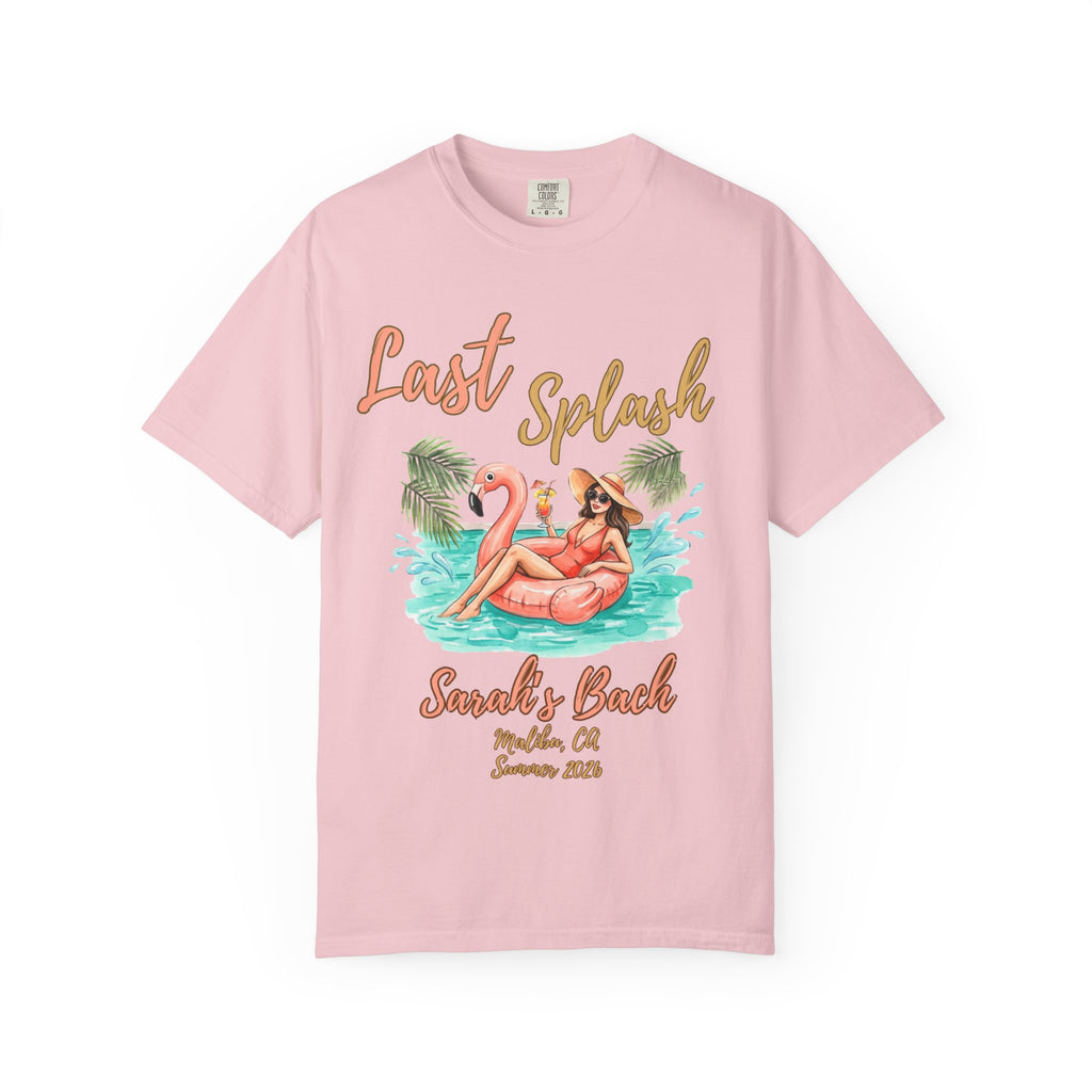 T-shirt with "Last Splash Sarah's Bach" text, flamingo float, and palm trees.
