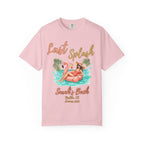 T-shirt with "Last Splash Sarah's Bach" text, flamingo float, and palm trees.