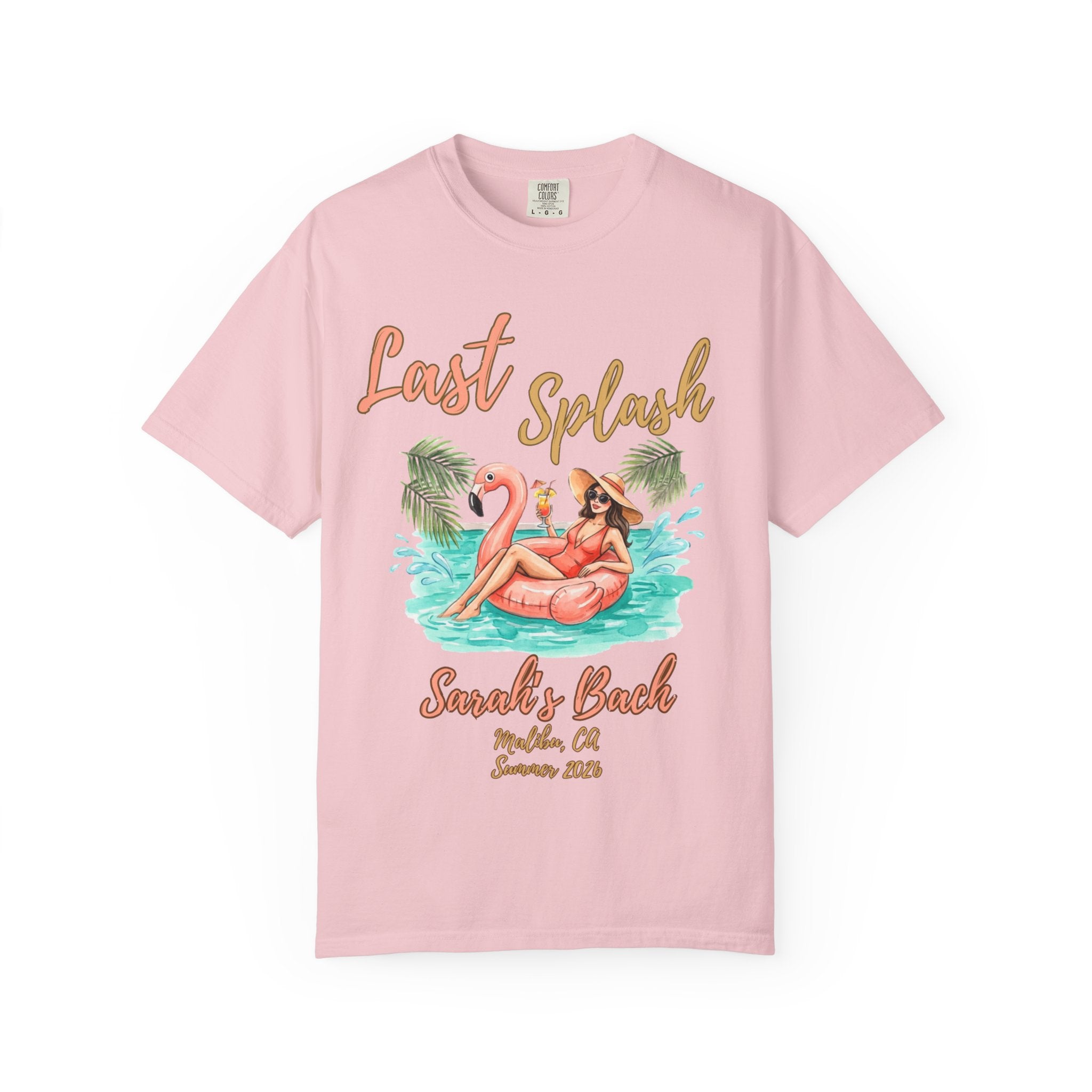 T-shirt with "Last Splash Sarah's Bach" text, flamingo float, and palm trees.