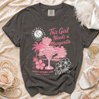 Gray t-shirt with margarita, palm trees, and text "This Girl Needs a Margarita."