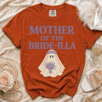 Orange t-shirt with "Mother of the Bride-illa" text and ghost graphic.