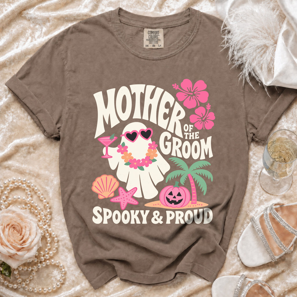 Brown t-shirt with "Mother of the Groom Spooky & Proud" text and a ghost graphic.