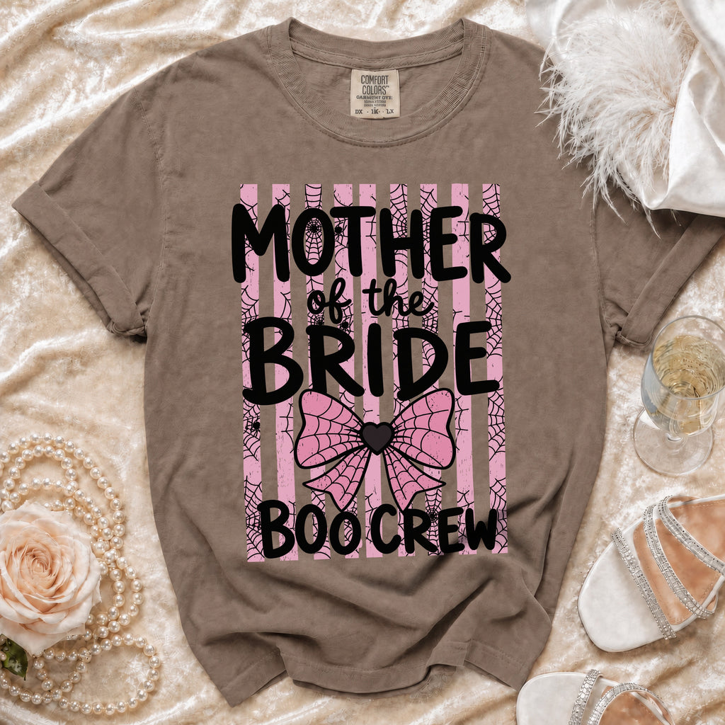 Brown t-shirt with "Mother of the Bride Boo Crew" Halloween graphic.