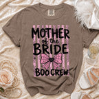 Brown t-shirt with "Mother of the Bride Boo Crew" Halloween graphic.