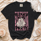 Black t-shirt with skeleton hand, ring, veil, and text "Til Death Do Us Party".