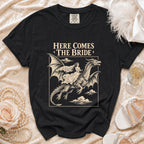 Black t-shirt with dragon and bride graphic, text HERE COMES THE BRIDE.