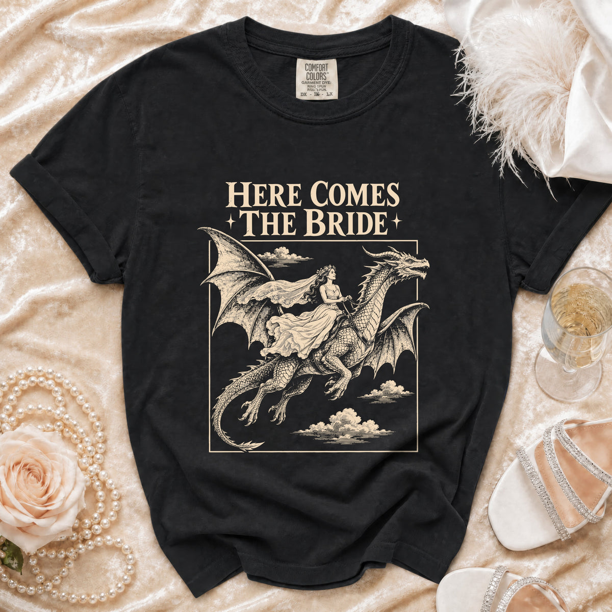 Black t-shirt with dragon and bride graphic, text HERE COMES THE BRIDE.
