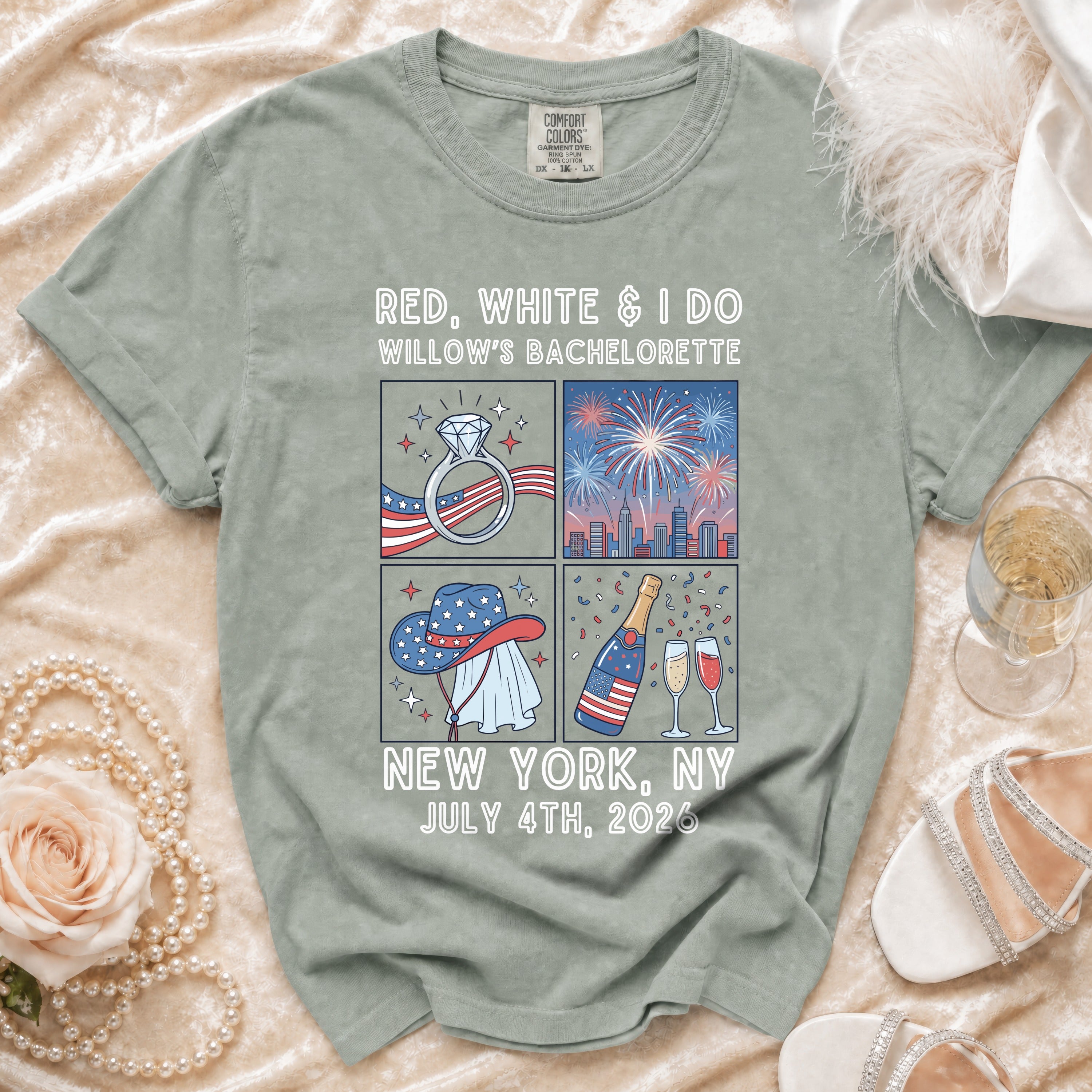 T-shirt for Willow's Bachelorette: Red, White & I Do, July 4th, 2026, New York.