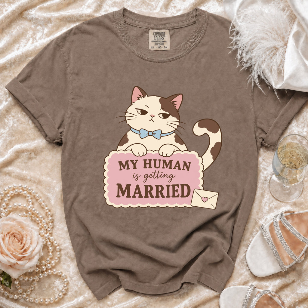 Brown t-shirt with a cartoon cat and "My Human is getting Married" text.