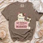 Brown t-shirt with a cartoon cat and "My Human is getting Married" text.