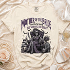 Cream t-shirt with "Mother of the Bride I Raised the Bride You Survive the Night" text and skeleton bride illustration.