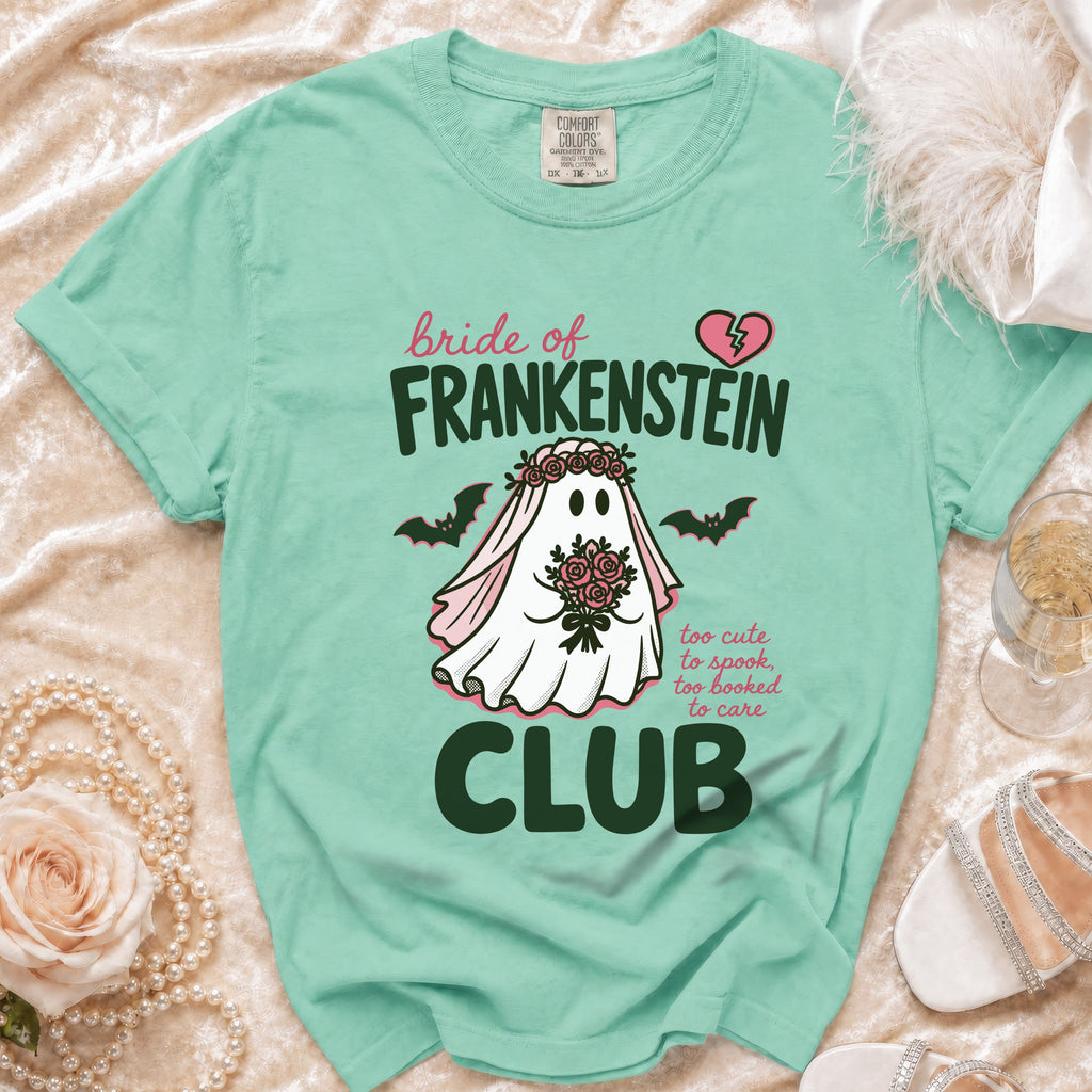 Bride of Frankenstein graphic t-shirt with ghost, bats, and text.