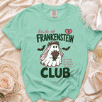 Bride of Frankenstein graphic t-shirt with ghost, bats, and text.