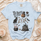 Light blue t-shirt with "Til Death Do Us Part" and Halloween-themed graphics.