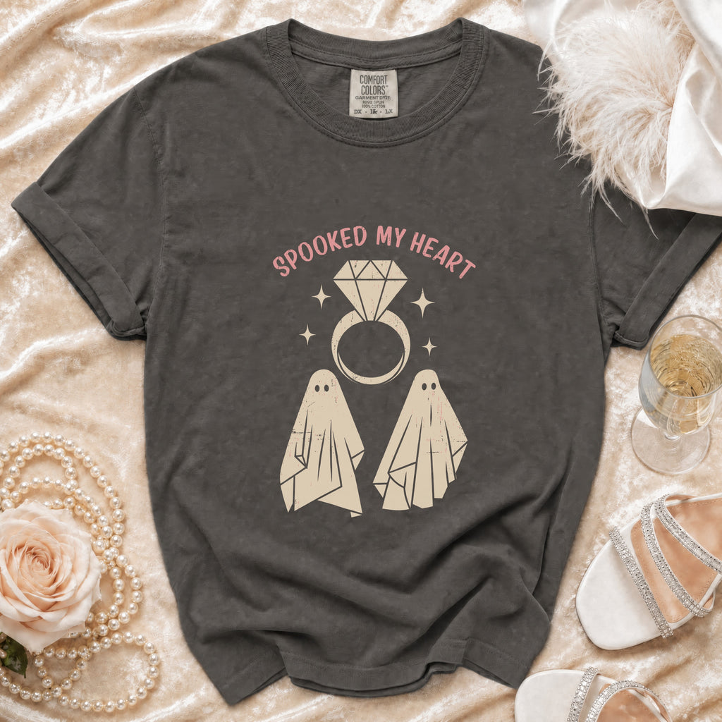 Dark grey t-shirt with "Spooked My Heart" text, diamond ring, and two ghosts graphic.