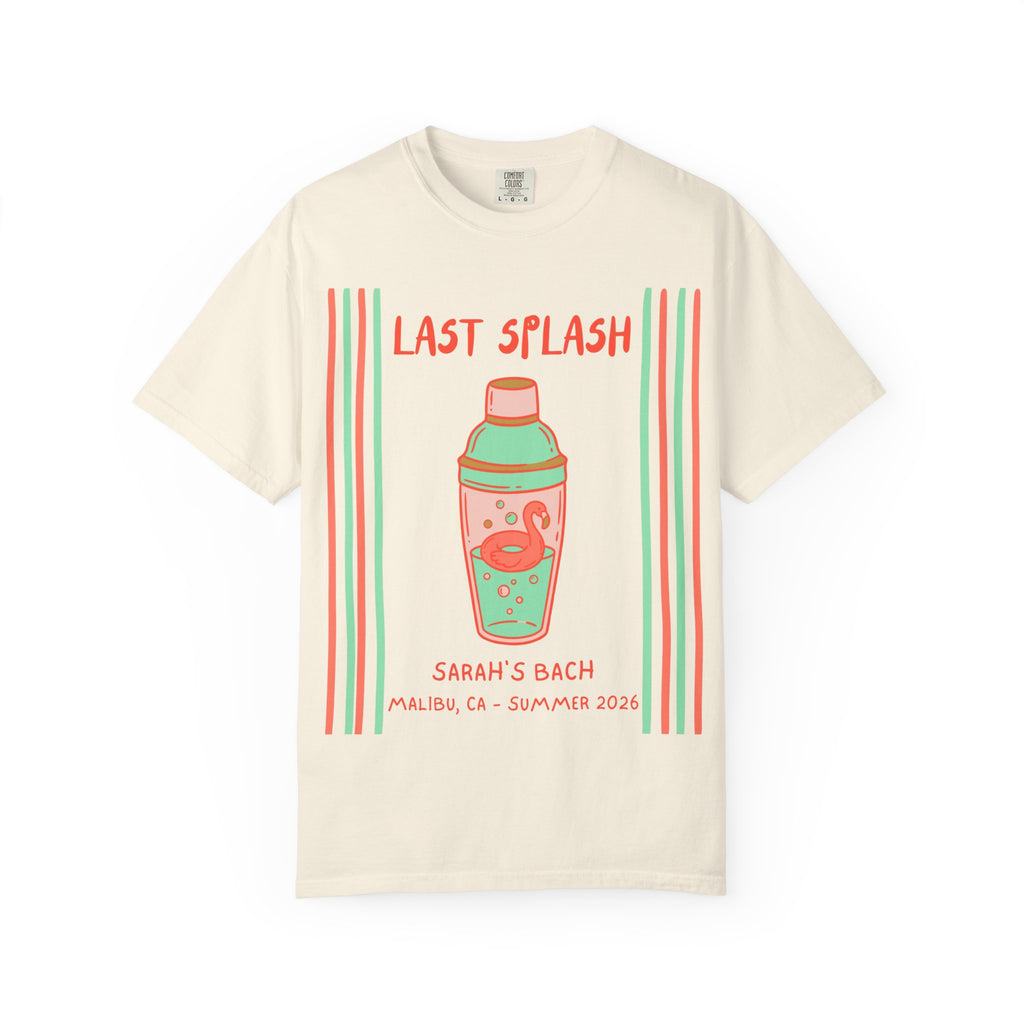 Cream t-shirt with "Last Splash" text, cocktail shaker, flamingo float, and event details.