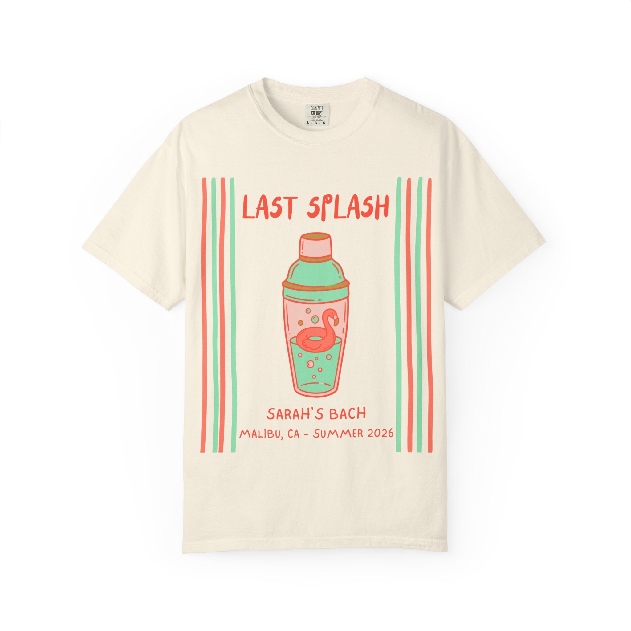 Cream t-shirt with "Last Splash" text, cocktail shaker, flamingo float, and event details.