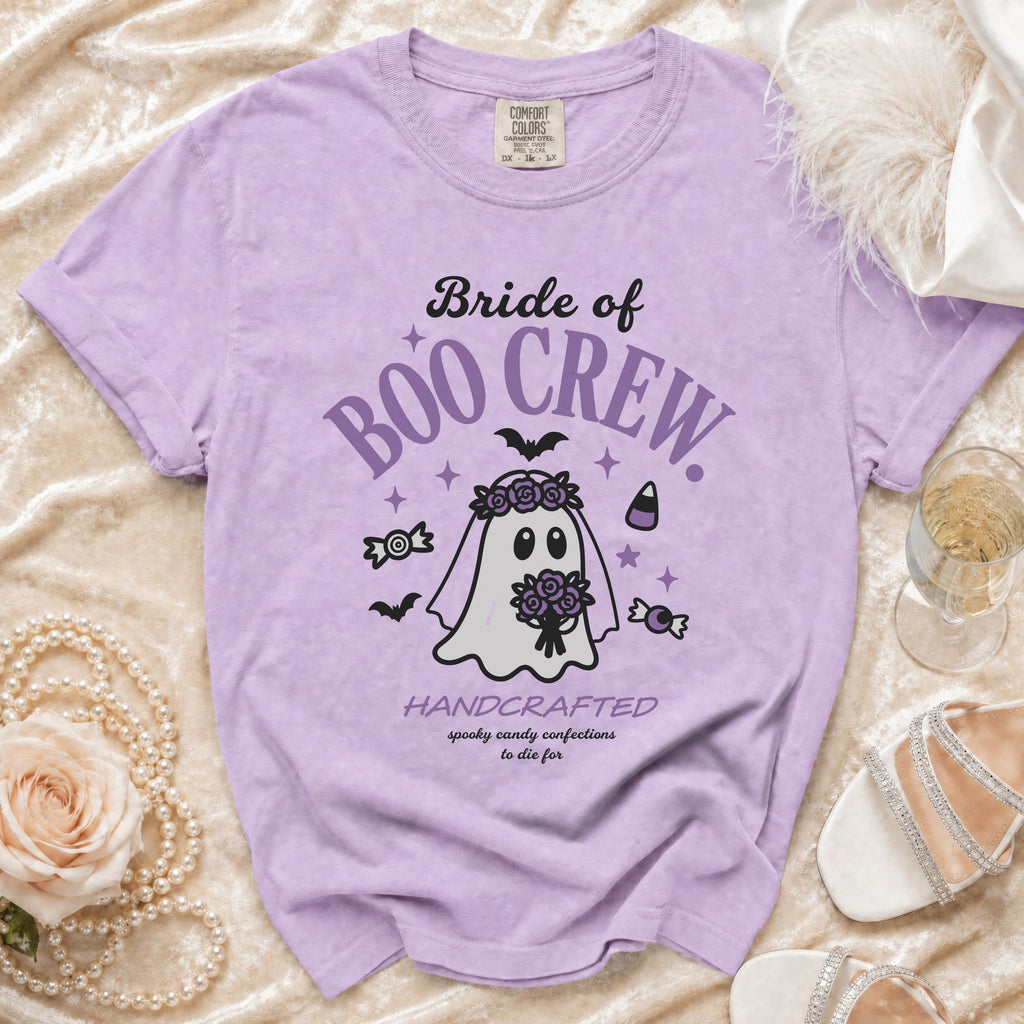 Bride of Boo Crew t-shirt with ghost and Halloween candy graphics.