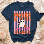 Navy shirt with "Mother of the Bride Spookin' Fabulous" text and ghost graphic.