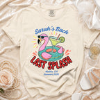 T-shirt with "Sarah's Bach LAST SPLASH Malibu, CA Summer 2026" graphic.