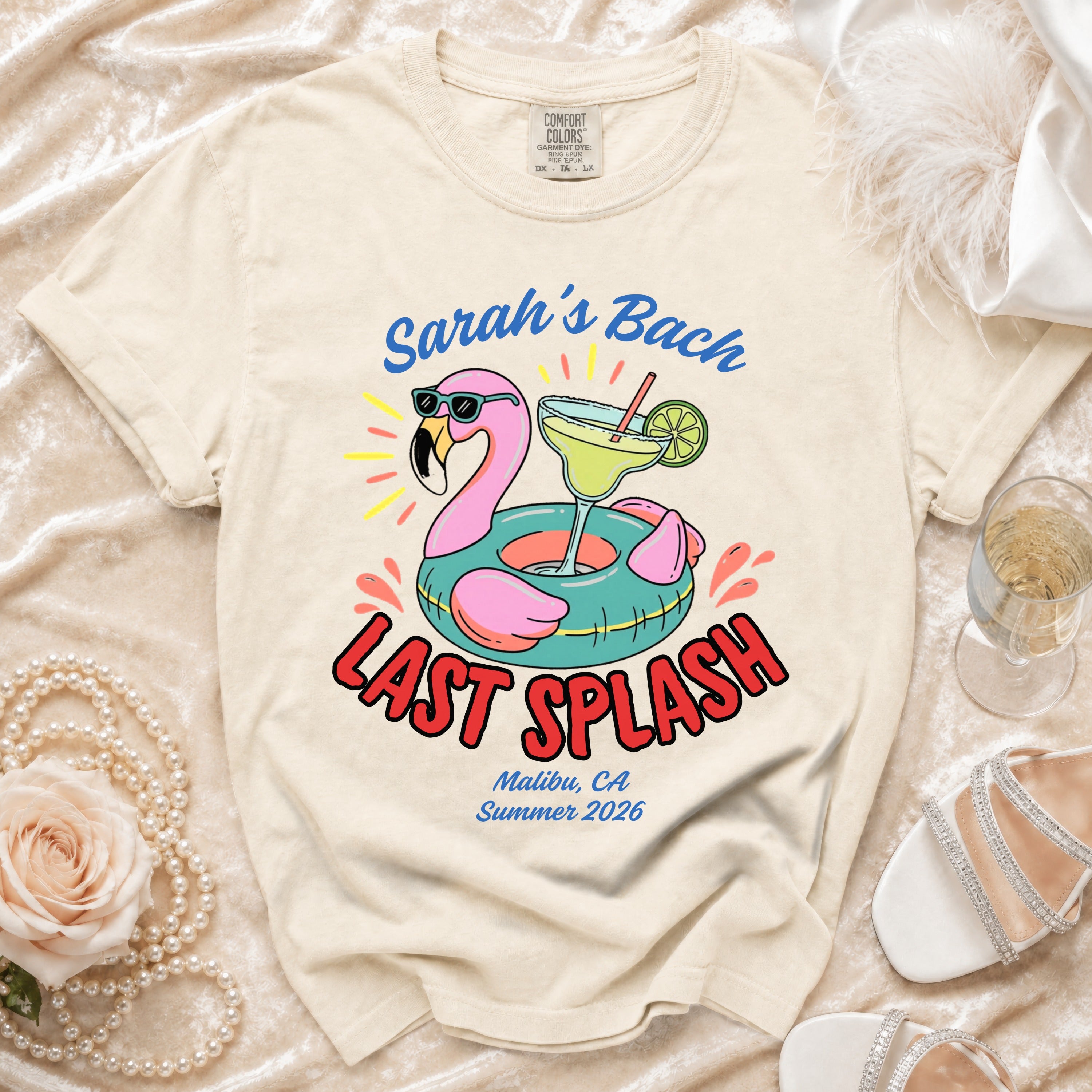 T-shirt with "Sarah's Bach LAST SPLASH Malibu, CA Summer 2026" graphic.