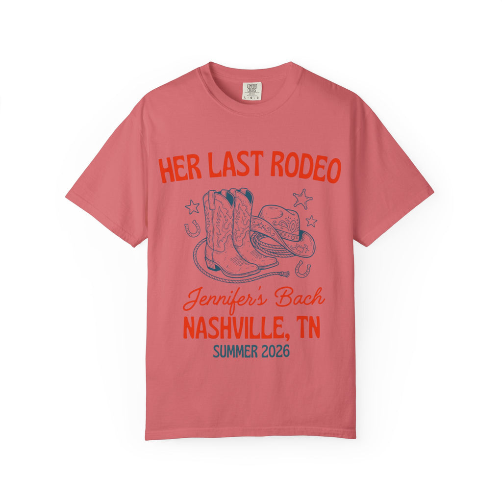 "Her Last Rodeo" t-shirt with cowboy boots and hat, for Jennifer's Bach, Nashville, TN.