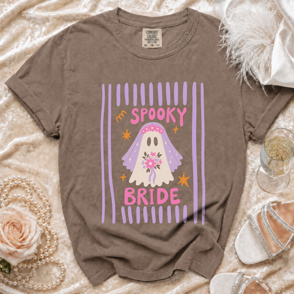 T-shirt with a spooky bride ghost graphic and text "SPOOKY BRIDE".