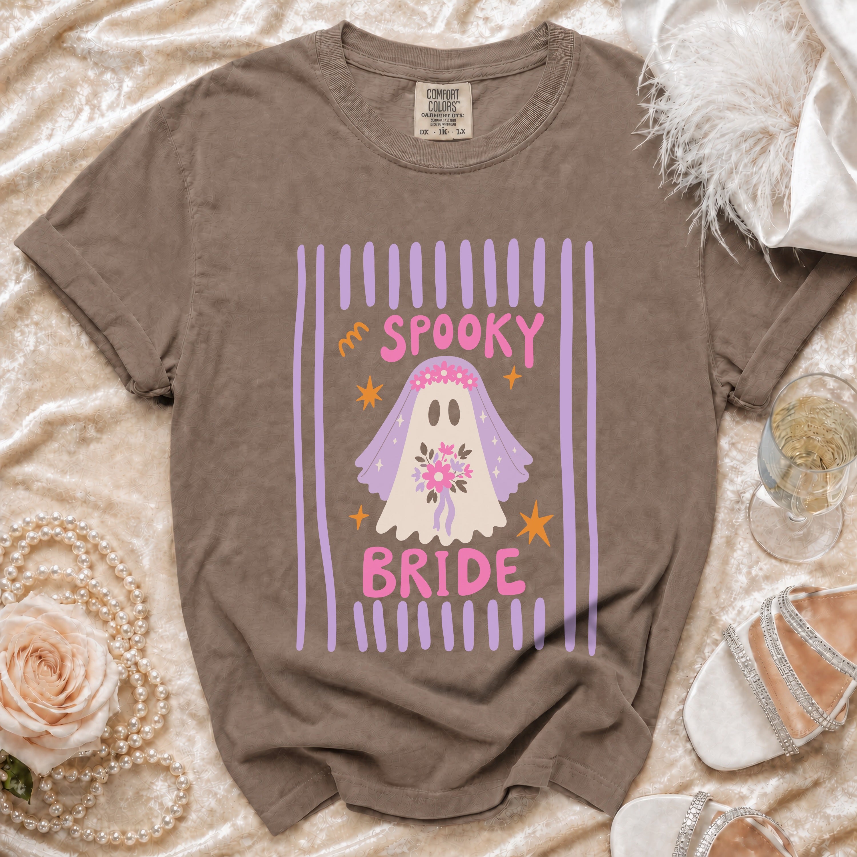 T-shirt with a spooky bride ghost graphic and text "SPOOKY BRIDE".