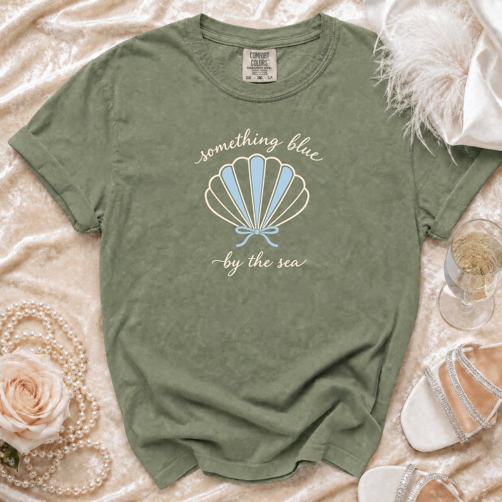 Green Comfort Colors t-shirt with a blue shell and "something blue by the sea" text.