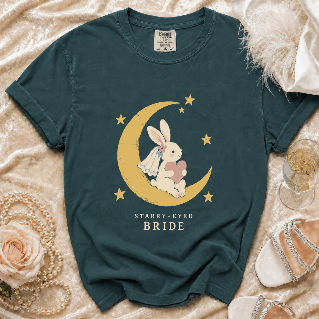 Teal t-shirt with a bride bunny on a moon and stars, reading "Starry-Eyed Bride".
