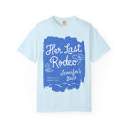 Light blue t-shirt with "Her Last Rodeo Jennifer's Bach Nashville Summer 2026" text and western imagery.