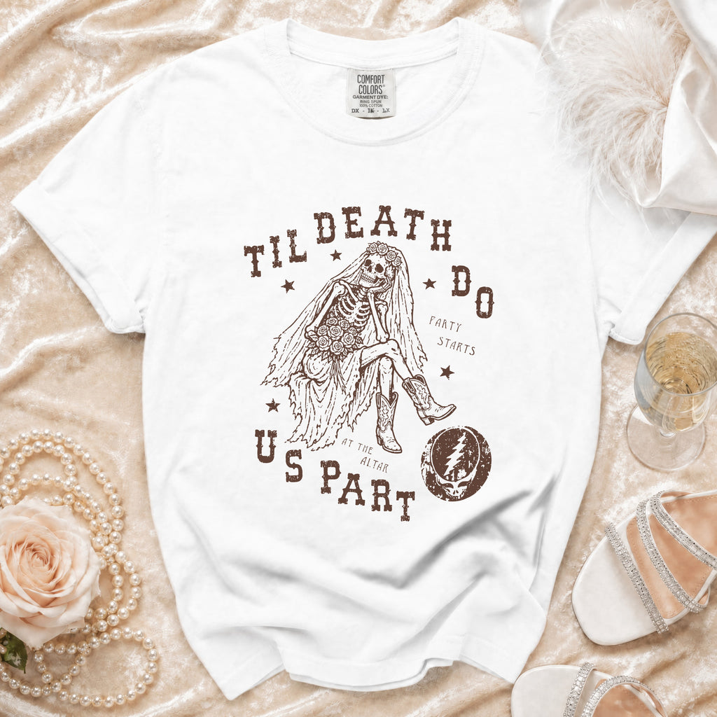 White t-shirt with skeleton bride graphic reading "Til Death Do Us Part".
