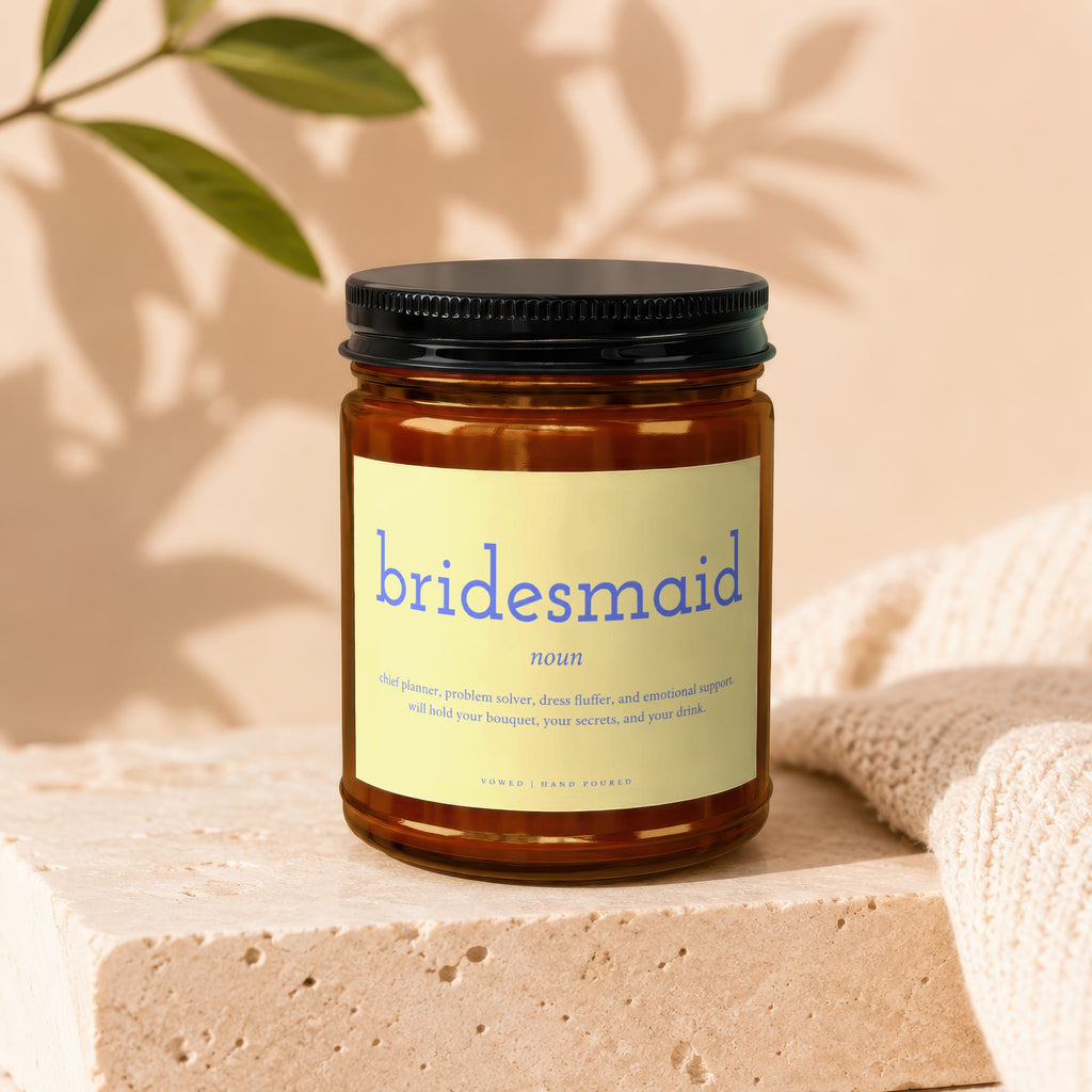 Brown glass candle with "bridesmaid" and its definition labeled.