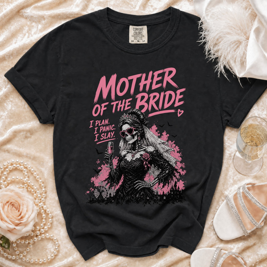 Black t-shirt with "Mother of the Bride" text and a skeleton bride graphic.