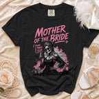 Black t-shirt with "Mother of the Bride" text and a skeleton bride graphic.