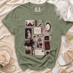 Sage green t-shirt with gothic-themed illustrations and text "Til Death Looks Good on Me".