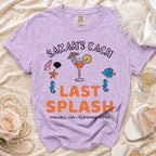 Lavender t-shirt with "Sarah's Bach Last Splash Malibu CA Summer 2026" text.
