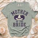 Mother of the Bride t-shirt with witch hat graphic and text.